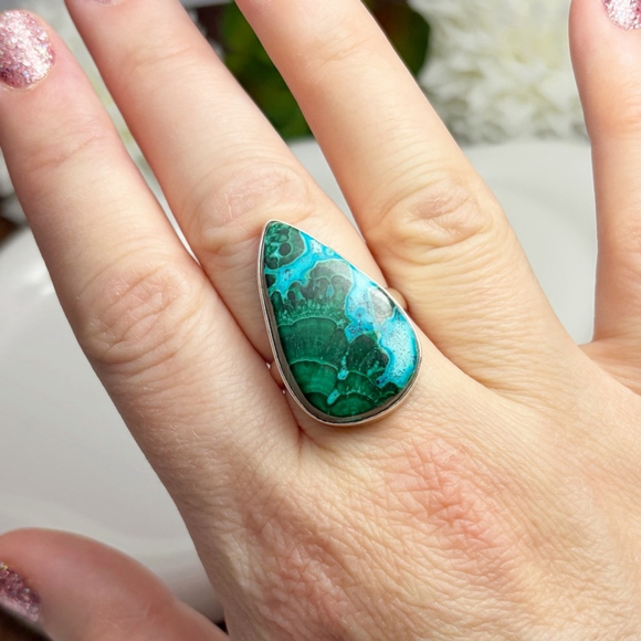 Solid Sterling Silver 925 Malachite Chrysocolla Ring Size 8 1/4 8.25 Handmade - Picture 4 of 9